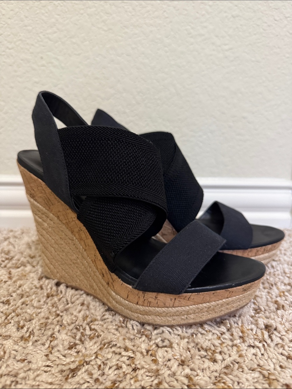 Charles by Charles David Black Elastic Strap Cork Wedges